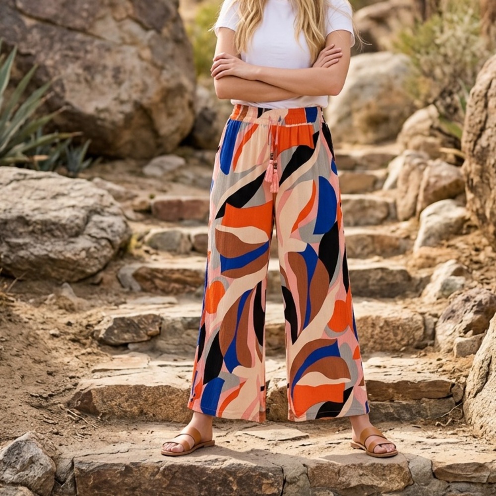 Bohemian Abstract Geometric Wide Leg Flowy Palazzo Pants Vibrant Resort wear XL